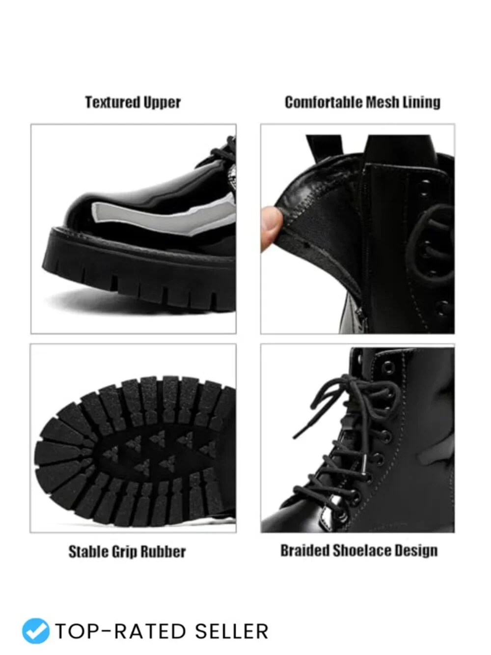 Men's Platform Combat Boots Patent Leather Lace Up Side Zipper Chunky Lug Sole